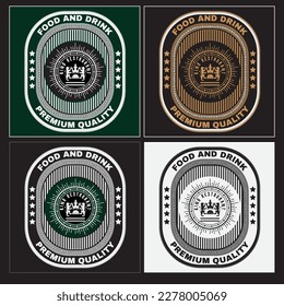 Food and drink labels, logos, and stickers, with various colors, green, yellow, black, and white