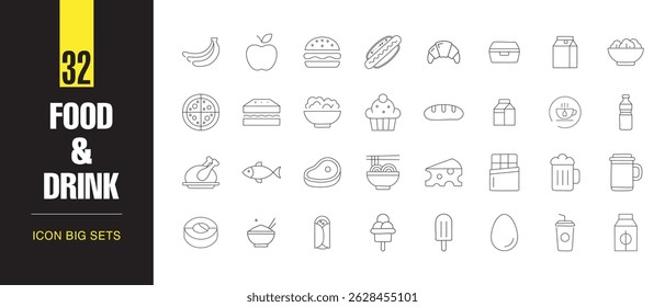 Food and Drink Line Art Vector Icon Set – Minimal Outline Icons for Restaurant, Cafe, Menu, and Kitchen Design