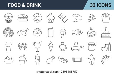 Food and Drink Line Editable Icon Set. Restaurant, Fast Food, Desserts, Beverages, and More.