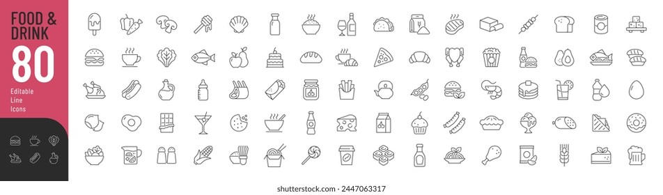 Food and Drink Line Editable Icons set. Vector illustration in thin line style of nutrition related icons: vegetables, fruits, desserts, meat, baked goods, drinks, and more. Isolated on white.