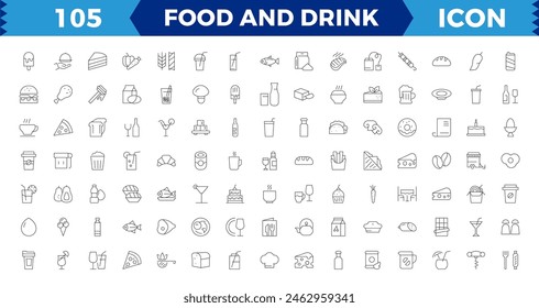 Iconos editables de la línea de la Comida y bebida. pixel Perfecto en estilo de línea delgada de los iconos relacionados con la nutrición: verduras, frutas, postres, carne, productos horneados, bebidas y más. Aislado en blanco.
