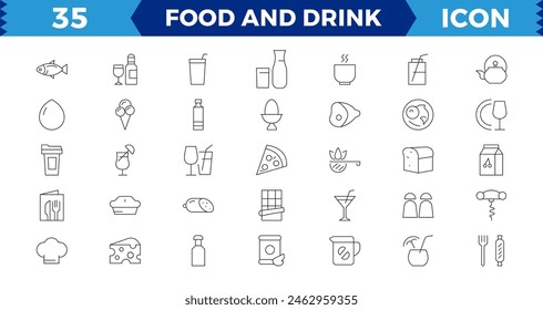 Food and Drink Line Editable Icons set. pixel Perfect in thin line style of nutrition related icons: vegetables, fruits, desserts, meat, baked goods, drinks, and more. Isolated on white.
