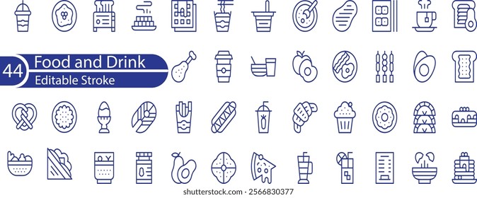 Food and Drink Line Editable Icons set. Vector illustration in thin line style of nutrition related icons: vegetables, fruits, desserts, meat, baked goods, drinks, and more.