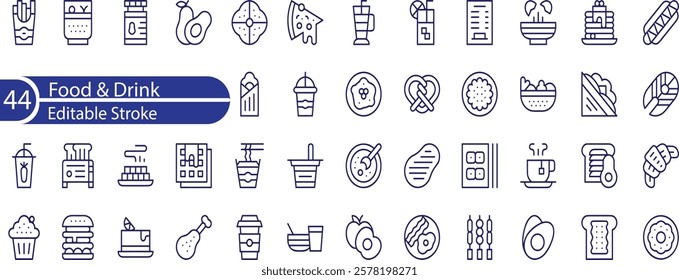 Food and Drink Line Editable Icons set. Vector illustration in thin line style of nutrition related icons , vegetables, fruits, desserts, meat, baked goods, drinks, and more.