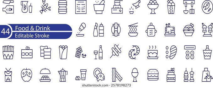 Food and Drink Line Editable Icons set. Vector illustration in thin line style of nutrition related icons , vegetables, fruits, desserts, meat, baked goods, drinks, and more.