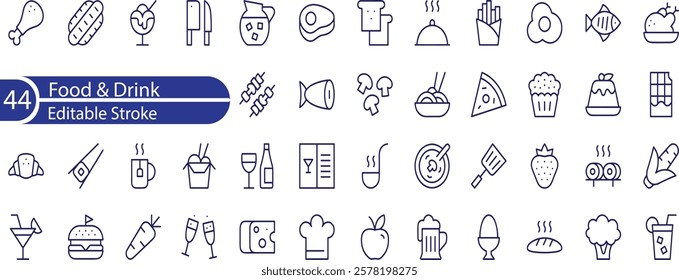 Food and Drink Line Editable Icons set. Vector illustration in thin line style of nutrition related icons , vegetables, fruits, desserts, meat, baked goods, drinks, and more.