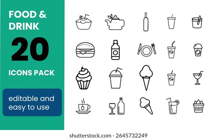 Comida e Bebida Linha Ícones editáveis conjunto. Ilustração vetorial no estilo de linha fina de ícones relacionados à nutrição: legumes, frutas, sobremesas, carne, assados, bebidas e muito mais. 