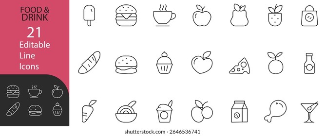 Food and Drink Line Editable Icons set. Modern vector illustrations in thin line style of nutrition items like fruits, veggies, desserts, meat, bakery, beverages, and more.