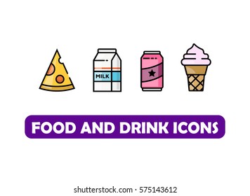 Food and drink line flat bright icons with cornet ice-cream, pizza, milk and soda drink can