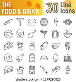 Food and drink line icon set, meal symbols collection, vector sketches, logo illustrations, beverage signs linear pictograms package isolated on white background, eps 10.