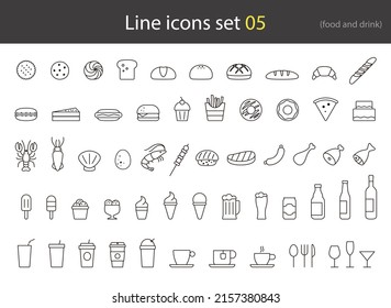 Food and drink line icon set, breakfast, cake, meal, vector illustration