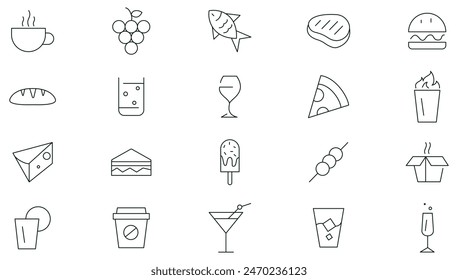 Comida y bebida - colección de set de iconos de línea. Restaurante, hotel, comida rápida, menú. App de comida en línea, colección de iconos de contorno de Web. Vector de paquete de iconos de contorno fino