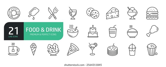 Food And Drink Line Icon Set. The set contains icons  Pizza, Burger, Cookies, Ice Cream, Vegetarian Food, Cheese,  Juice, Tea,  Dessert.