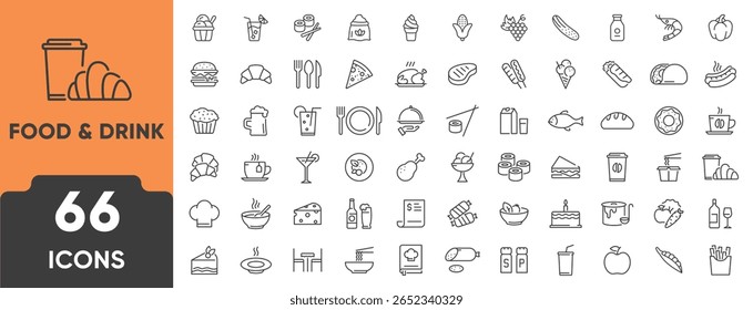 Food and Drink Line Icon Set. Set of 66 outline icons including meal, beverage, fruits, fast food, utensils, cooking, and cafe items. Editable stroke. Linear vector illustration.