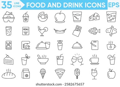 Food and Drink Line Icon Set.Fruit Basket, Healthy, ,pizza, beer, fast food, dinner, pasta, sushi, cocktails, vegetarian, apple, coffee, water and more.vector and illustrator set.