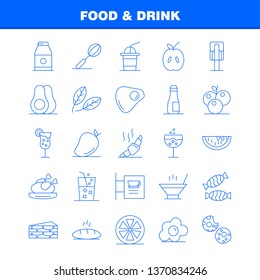 Food And Drink Line Icons Set For Infographics, Mobile UX/UI Kit And Print Design. Include: Cocktail, Glass, Goblet, Glass, Wine, Drink, Baking, Croissant, Icon Set - Vector