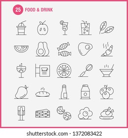 Food And Drink Line Icons Set For Infographics, Mobile UX/UI Kit And Print Design. Include: Cocktail, Glass, Goblet, Glass, Wine, Drink, Baking, Croissant, Icon Set - Vector