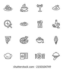 Food and drink line icons set, outline vector symbol collection, linear style pictogram pack. Signs, logo illustration. Set includes icons as cocktail glass, chicken, salmon steak, wine, ice cream