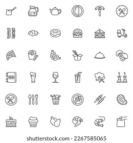 Food and drink line icons set. linear style symbols collection outline signs pack. Restaurant food service vector graphics. Set includes icons as coffee, seafood, dinner, breakfast, dessert, vegetable