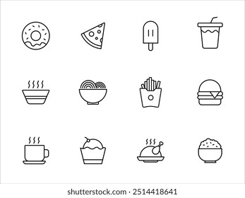 Comida e Bebida Linha Ícones conjunto. Ícone de ilustração de vetor com estilo de linha. Contém ícones como Donat, Pizza, Ice Cream, Ricebowl e muito mais