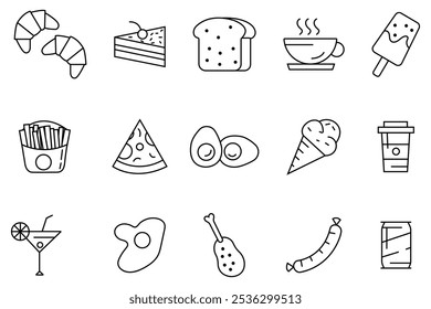 Food and drink line icons set. Eat icons, 15 foods and drinks icon set. Breakfast, lunch and dinner food and drink. Hot and cold drink, ice cream. Illustration.