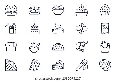 Food and Drink Line Icons set. Vector illustration in thin line style of nutrition related icons: vegetables, fruits, desserts, meat