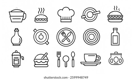 Food and Drink Line Icons Set – Vector Outline Illustrations of Burger, Chef Hat, Utensils, and Beverages"