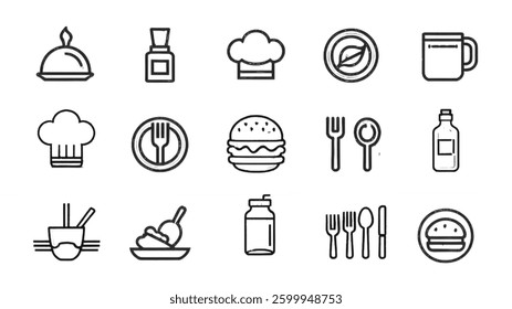 Food and Drink Line Icons Set – Vector Outline Illustrations of Burger, Chef Hat, Utensils, and Beverages"