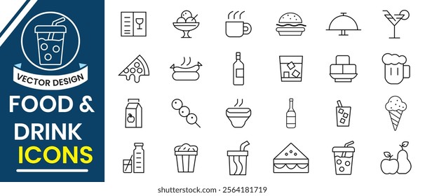 Food and Drink line icons, vector set.  Various restaurant, food icons, fast food, burger, pizza, coffee, sandwich, collection. Vector illustration.