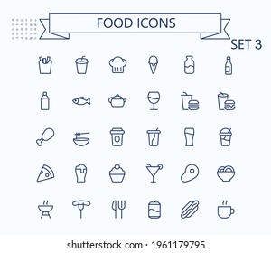 Food and drink line mini icons set. 24x24 px. Pixel Perfect. Editable stroke.