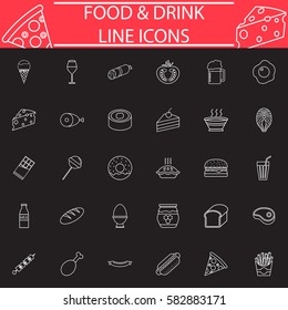 Food and drink line pictograms package, Sweets symbols collection, fast food vector sketches, logo illustrations, meals line icon set isolated on black background, eps 10.