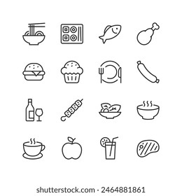 Food and Drink, linear style icon set. Dishes to drinks and snacks. Global cuisine staples and delicacies. Editable stroke width.