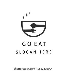 Food and drink logo concept. Symbol and icon of bowl, spoon, and fork. Brand identity idea. Flat design style. Black and white color - Vector