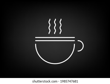 Food and drink logo. Minimalistic white line art hot cup of coffee or tea illustration on black background, banner.