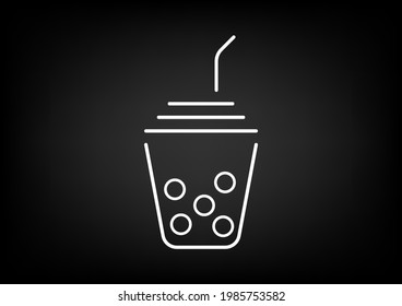 Food and drink logo. Minimalistic white line art cup of bubble milk tea with black jelly pearl, boba illustration on black background, banner.