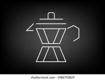 Food and drink logo. Minimalistic white line art of Moka pot or coffee maker illustration on black background, banner.