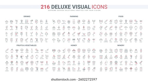 Food and drink menu, delivery, winery, honey product apiculture line icon set. Growing vegetables and fruits by farmer in field and garden thin black and red outline symbols vector illustration