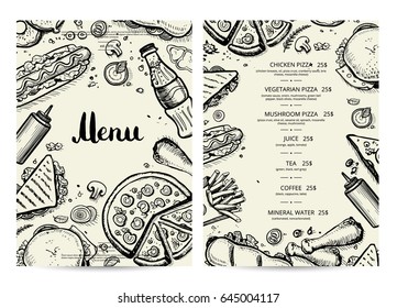 Food and drink menu design with prices. Fast food vector template with hand drawn pizza, sandwich, hot dog, chicken, drink pencil doodles. Cafe vintage card of junk food with snack linear sketches.