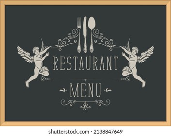 Food and drink menu for restaurant or cafe decorated with two angels, beautiful vintage cutlery and curlicues on a black background in a wooden frame. Vector illustration in retro style.