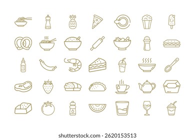 Food and drink minimalist outline icon set featuring various dishes and treats