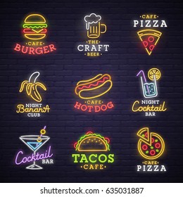 Food And Drink Neon Sign. Neon Sign, Bright Signboard, Light Banner. 