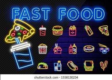 Food and drink neon sign. Fast Food neon sign vector set. Big Burger, Hot Taco, Hot Pizza, Hot Dog. Neon sign, bright signboard, light banner. Neon shine panel