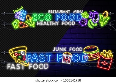 Food and drink neon sign. Fast Food neon sign vector set. ECO Food neon sign vector set. Neon sign, bright signboard, light banner. shine panel