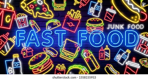 Food and drink neon sign. Fast junk Food vector set. Big Burger, Hot Taco, Hot Pizza, Hot Dog. Neon sign, bright signboard, light banner. shine panel