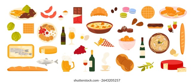 Comida e bebida do Norte da Europa. Croquetes de batata e baguete, chocolate eclair e doces, waffles franceses, espaguete de queijo Emmental e frutos do mar, cerveja e vinho cartoon ilustração vetorial