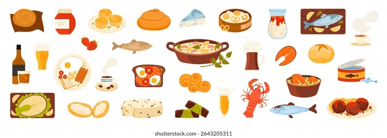 Comida e bebida da cozinha do norte da Europa. Sanduíche dinamarquês Smorbrod, Meatballs sueco Kottbullar, sopa de salmão finlandês e queijo, Lutefisk norueguês, ilustração do vetor de desenhos animados de pão