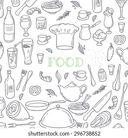 Food and drink outline doodle background. Hand drawn kitchen design elements. Vector illustration