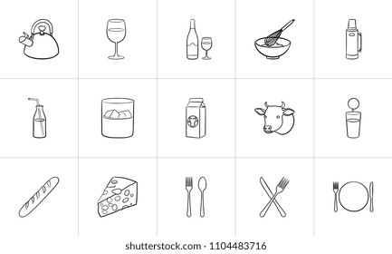 Food and drink outline doodle icon set for print, web, mobile and infographics. Hand drawn food and drink vector sketch illustration set isolated on white background.