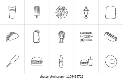 Food and drink outline doodle icon set for print, web, mobile and infographics. Hand drawn food and drink vector sketch illustration set isolated on white background.