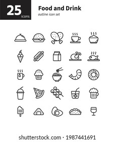 Juego de iconos de esquema de alimentos y bebidas. Vector e Ilustración.